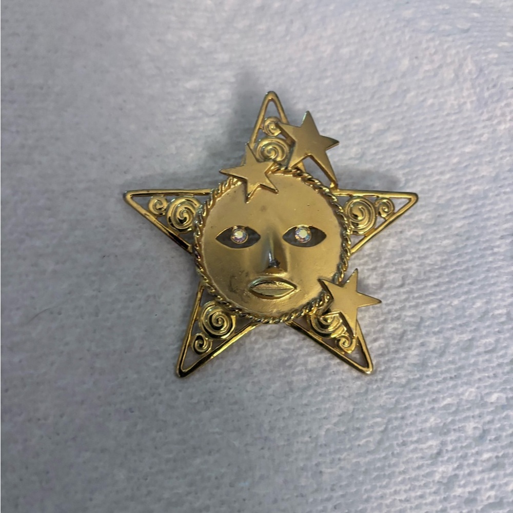 Gold Star and Moon Brooch